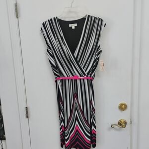 Dressbarn Black White Stripe Wrap Dress Pink Belt NWT Size 10